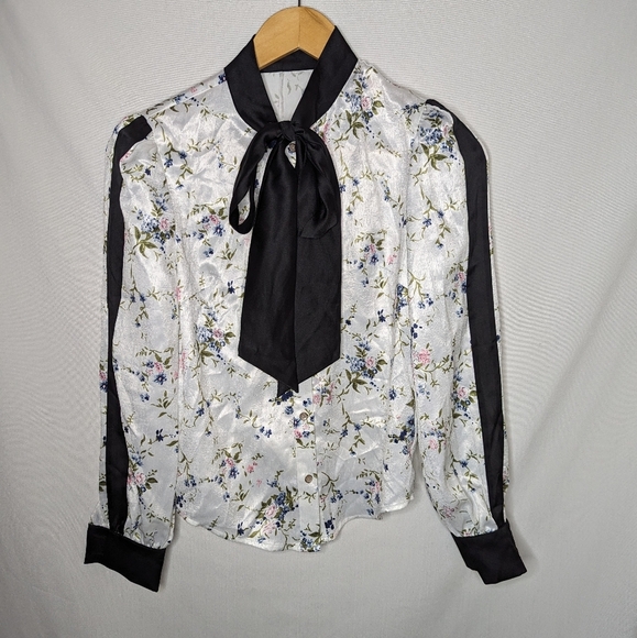 Long Sleeve Button Down Floral Blouse with Bow Tie Neckline Size Small - Picture 1 of 8